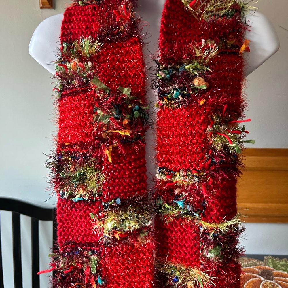 Handcrafted Red and Multicolor Knit Scarf